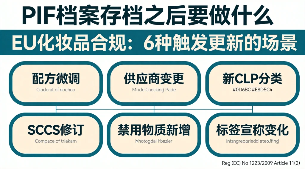 PIF档案存档之后要做什么：EU化妆品合规6种触发PIF更新的场景信息图封面，包含配方微调、供应商变更、新CLP分类、SCCS修订、禁用物质新增、标签宣称变化六个节点
